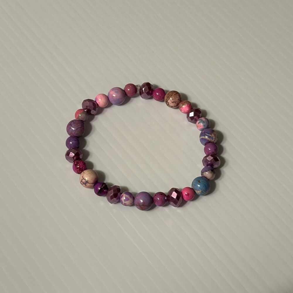 Handmade Elastic Bracelet with Purple, Pink, and Blue Marbled Beads